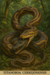 Draw a Titanoboa in action in its natural habitat, including its scientific name.