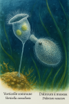 Illustration of Vorticella convallaria (Vorticelle commune) and Didinium nasutum (Didinium à museau) interacting in their natural aquatic environment. The image should be in 1025x1536 format and include both their French and scientific names.