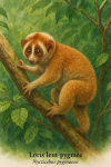 Nycticebus pygmaeus (loris lent pygme) en action dans son milieu naturel, avec son nom franais et scientifique visible