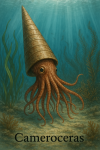 Draw a Cameroceras in its natural habitat, including its scientific name.