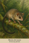 Dromiciops gliroides — Monito del monte en action dans son milieu naturel, avec son nom français et scientifique visible