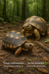 Chelonoidis carbonaria (Tortue charbonnire) et Chelonoidis denticulata (Tortue forestire) en action dans leur milieu naturel, avec leurs noms franais et scientifiques visibles, format 1025x1536