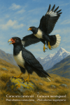 dessine moi unPhalcoboenus carunculatus — Caracara caronculé  et un Phalcoboenus megalopterus — Caracara montagnard en action dans leur milieu naturel dans un format de 1025*1536 avec leurs noms Français et scientifique