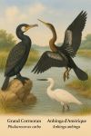 Draw a great cormorant (Phalacrocorax carbo) and an American anhinga (Anhinga anhinga) in action in their natural habitat, with their scientific and French names, in a 1025x1536 format.