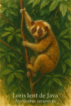 Nycticebus javanicus (loris lent de Java) en action dans son habitat naturel, format 1025x1536, avec les noms franais et scientifique