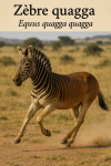 Zbre Quagga (Equus quagga quagga) en action dans son milieu naturel, avec les noms 'Zbre Quagga' et 'Equus quagga quagga' intgrs dans l'image au format 1025x1536