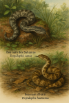 Illustration of Tropidophis canus (Boa nain des Bahamas) and Tropidophis haetianus (Boa nain d’Haïti) in action in their natural habitat, labeled with both their French and scientific names, in a 1025x1536 format