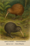dessine moi un Apteryx mantelli — Kiwi de Mantell et un Apteryx rowi — Kiwi d’Okarito en action dans leur milieu naturel dans un format de 1025*1536 avec leurs noms Français et scientifique