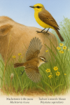 Illustration d'un Machetornis  tte jaune (Machetornis rixosa) et d'un Tachuri  sourcils blancs (Polystictus superciliaris) en action dans leur habitat naturel, avec leurs noms franais et scientifiques visibles, format 1025x1536