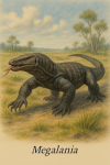 Draw a Megalania in action in its natural habitat, including its scientific name