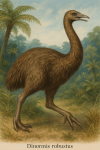 Draw a moa in action in its natural habitat, including its scientific name.