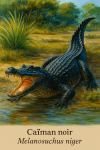 Caïman noir (Melanosuchus niger) en action dans son habitat naturel, format 1025x1536, avec les noms français et scientifique visibles