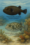 Draw a Spotted Pufferfish (Arothron meleagris) and a White-spotted Pufferfish (Arothron hispidus) in action in their natural habitat, with their French and scientific names displayed.