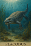 Draw a Placodus in action in its natural habitat, including its scientific name.