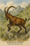 Bouquetin des Pyrnes (Capra pyrenaica pyrenaica) en action dans son milieu naturel, format 1025x1536, avec les noms franais et scientifique visibles