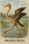 Draw a Presbyornis in action in its natural habitat, including its scientific name.