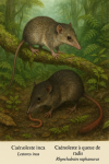 Lestoros inca — Caénoleste inca and Rhyncholestes raphanurus — Caénoleste à queue de radis in action in their natural habitat, with their French and scientific names displayed, in a 1025x1536 format