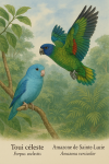 dessine moi un Toui céleste (Forpus coelestis) et un Amazone de Sainte-Lucie (Amazona versicolor) en action dans leur milieu naturel dans un format de 1025*1536 avec leurs noms Français et scientifique