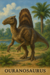 Draw an Ouranosaurus in action in its natural habitat, including its scientific name.
