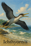 Draw an Ichthyornis in action in its natural habitat, including its scientific name
