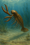 Draw a Megalograptus in action in its natural habitat, including its scientific name.