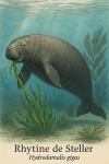 Rhytine de Steller (Hydromalys gigas) dans son habitat naturel, nageant paisiblement dans les eaux froides du Pacifique Nord, entoure d'algues et de rochers ctiers, avec son nom franais et scientifique visible