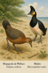 dessine moi un Eulipoa wallacei — Mégapode de Wallaceet un Macrocephalon maleo — Maléoen action dans leur milieu naturel dans un format de 1025*1536 avec leurs noms Français et scientifique