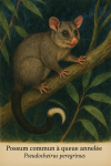 Pseudocheirus peregrinus — Possum commun à queue annelée en action dans son milieu naturel, avec son nom français et scientifique visible