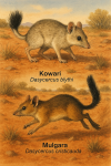 dessine moi un Dasycercus blythi (Kowari) et un Dasycercus cristicauda (Mulgara) en action dans leur milieu naturel avec leurs noms Français et scientifique