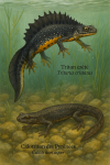 Draw a Crested Newt (Triturus cristatus) and Pyrenean Brook Newt (Calotriton asper) in action in their natural habitat, including their French and scientific names.
