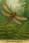 Draw a Palaeodictyoptera in action in its natural habitat, including its scientific name.