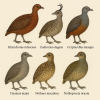 Draw 6 different species of tinamiformes (birds) in color on a light background in 1024x1024 format, with only their scientific names.