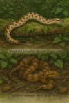 dessine un Tropidophis melanurus (Boa nain à queue noire) et un Trachyboa boulengeri (Boa à cils du Nord) en action dans leur milieu naturel, avec leurs noms français et scientifiques visibles, format 1025x1536