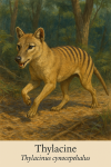 Thylacine (Thylacinus cynocephalus) en action dans son milieu naturel, avec son nom franais et scientifique visible dans limage, format 1025x1536
