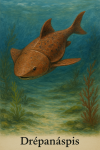 Draw a Drepanaspis in action in its natural habitat, including its scientific name.