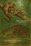 Un Boa constrictor (Boa constricteur) et un Boa imperator (Boa d’Amérique centrale) en action dans leur milieu naturel, illustrés avec leurs noms français et scientifiques. Format 1025x1536.