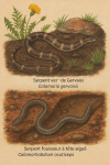 Illustration de deux serpents rares dans leur habitat naturel :
1. Calamaria gervaisii (Serpent ver de Gervais) : un petit serpent fouisseur, fin et luisant, rampant dans un sol forestier humide, entouré de feuilles mortes et de racines. Son nom scientifique et français est inscrit discrètement en bas à gauche.
2. Calamorhabdium acuticeps (Serpent fouisseur à tête aiguë) : serpent élancé à tête pointue, émergeant d’un sol sablonneux en forêt tropicale, avec son nom scientifique et français en bas à droite.
Format vertical 1025x1536.