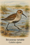 Draw a Dunlin (Calidris alpina) in action in their natural habitat, including their French and scientific names.