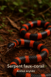Anilius scytale (serpent faux-corail) en action dans son milieu naturel, avec son nom français et scientifique affiché, format 1025x1536