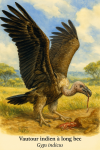 Vautour indien  long bec (Gyps indicus) en action dans son milieu naturel, format 1025x1536, avec les noms Franais et scientifique visibles