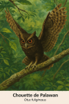 Chouette de Palawan (Otus fuliginosus) en action dans son habitat naturel, format 1025x1536, avec les noms franais et scientifique visibles