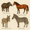 Draw a tapir and different species of equids (mammals) in color on a light background in 1024x1024 format with only their scientific names.