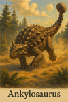 Draw an Ankylosaurus in action in its natural habitat, including its scientific name.