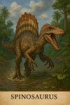 Draw a Spinosaurus in action in its natural habitat, including its scientific name