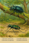 Illustration of Calosoma sycophanta (Calosome américain) and Cicindela chinensis (Cicindèle chinoise) in action in their natural habitat, with their French and scientific names labeled. Format: 1025x1536
