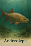 Draw an Andreolepis in action in its natural habitat, including its scientific name.
