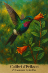 Colibri dErikson (Eriocnemis isabellae) en action dans son habitat naturel, format 1025x1536, avec les noms franais et scientifique visibles