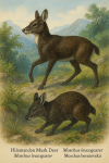 Dessine un Moschus leucogaster (Porte-musc de l’Himalaya) et un Moschus berezovskii (Porte-musc nain) en action dans leur milieu naturel, avec leurs noms français et scientifiques visibles. Format 1025x1536.