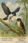 dessine un Microhierax caerulescens (Fauconnet à collier) et un Microhierax erythrogenys (Fauconnet des Philippines) en action dans leur milieu naturel, avec leurs noms français et scientifiques inclus