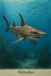 Draw a Hybodus in action in its natural habitat, including its scientific name.